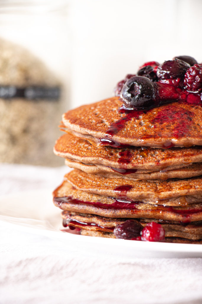 One-bowl banana protein pancakes stacked on top of each other.