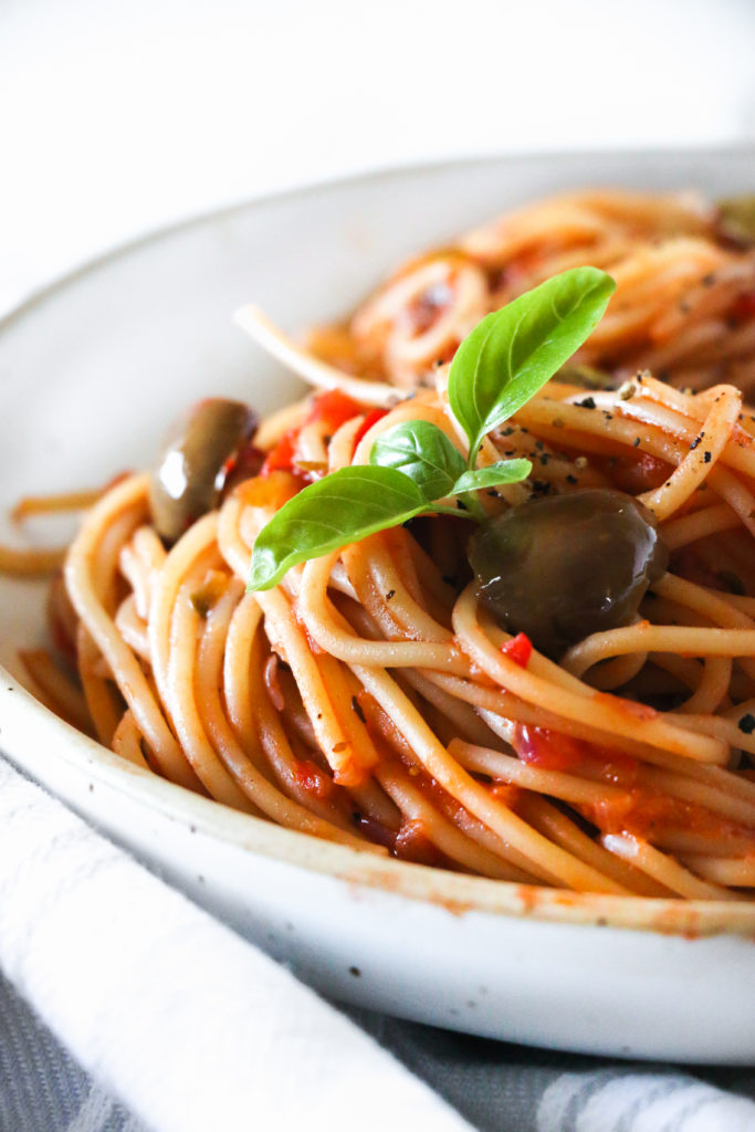 Close-up of spaghetti all'arrabbiata on a plate